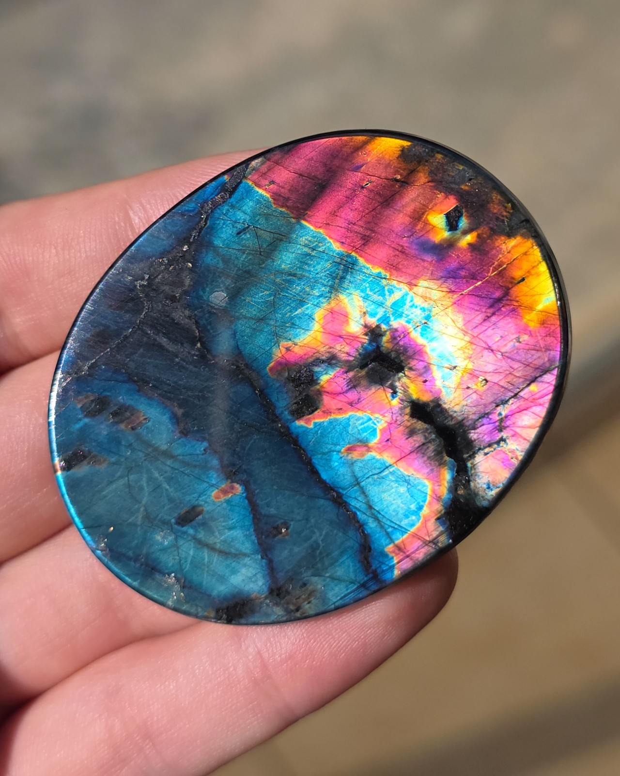 Big Finnish Spectrolite cabochon from Finland multicolor polished stone 53×42