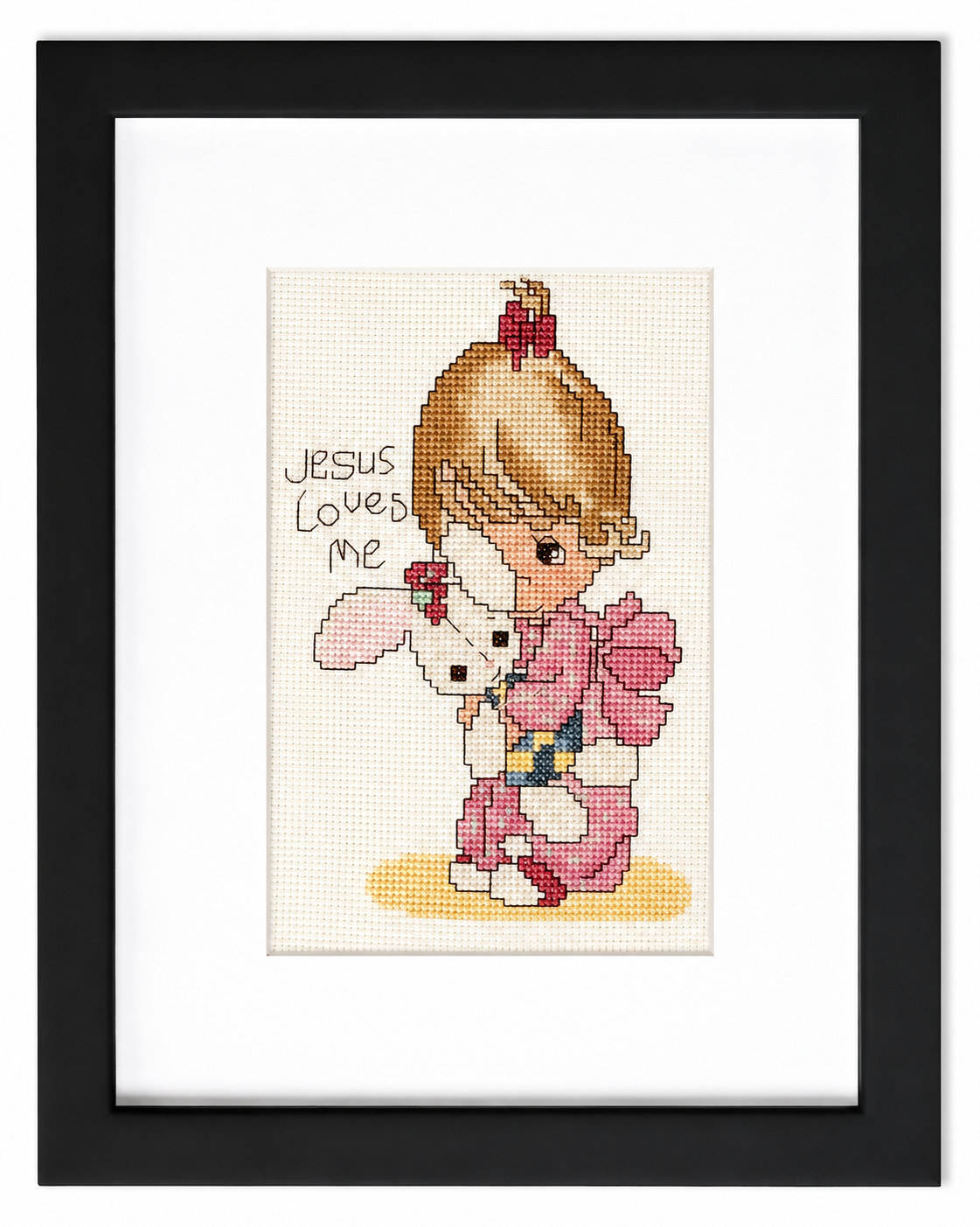 Vintage Precious Moments Jesus Loves Me Cross Stitch Framed Needlework Wall Art
