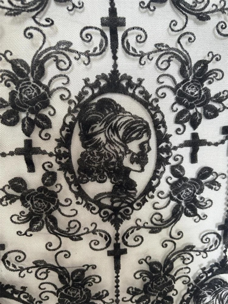 55 Inch Lace Fabric Soft Black Skull Cut by the yard, (1 Yard)