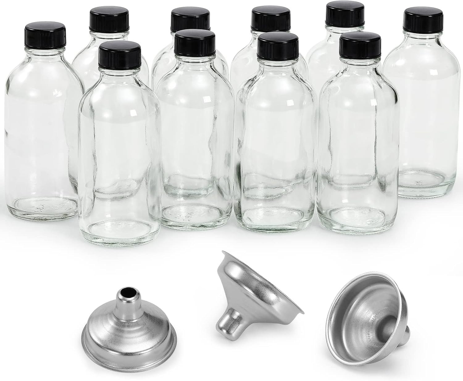 10 Pack, 4 Oz Small Clear Glass Bottles W/Lids & 3 Stainless Steel Funnel – 120M