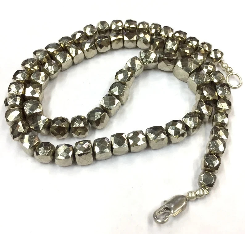 Natural Faceted Silver Pyrite Cube Beads 6-8mm 18″ Strand Gemstone Beads.