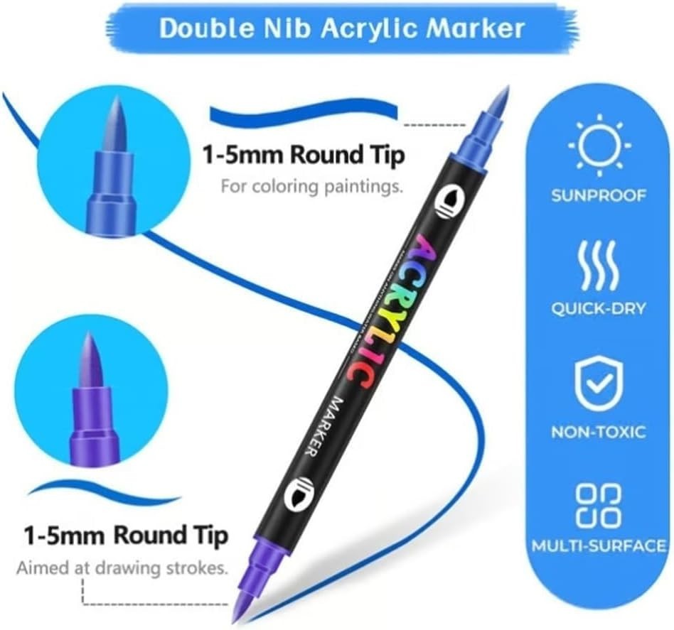 Acrylic Paint Marker Pens Set Brush/Fine Dual Tip Permanent Waterproof Opaque