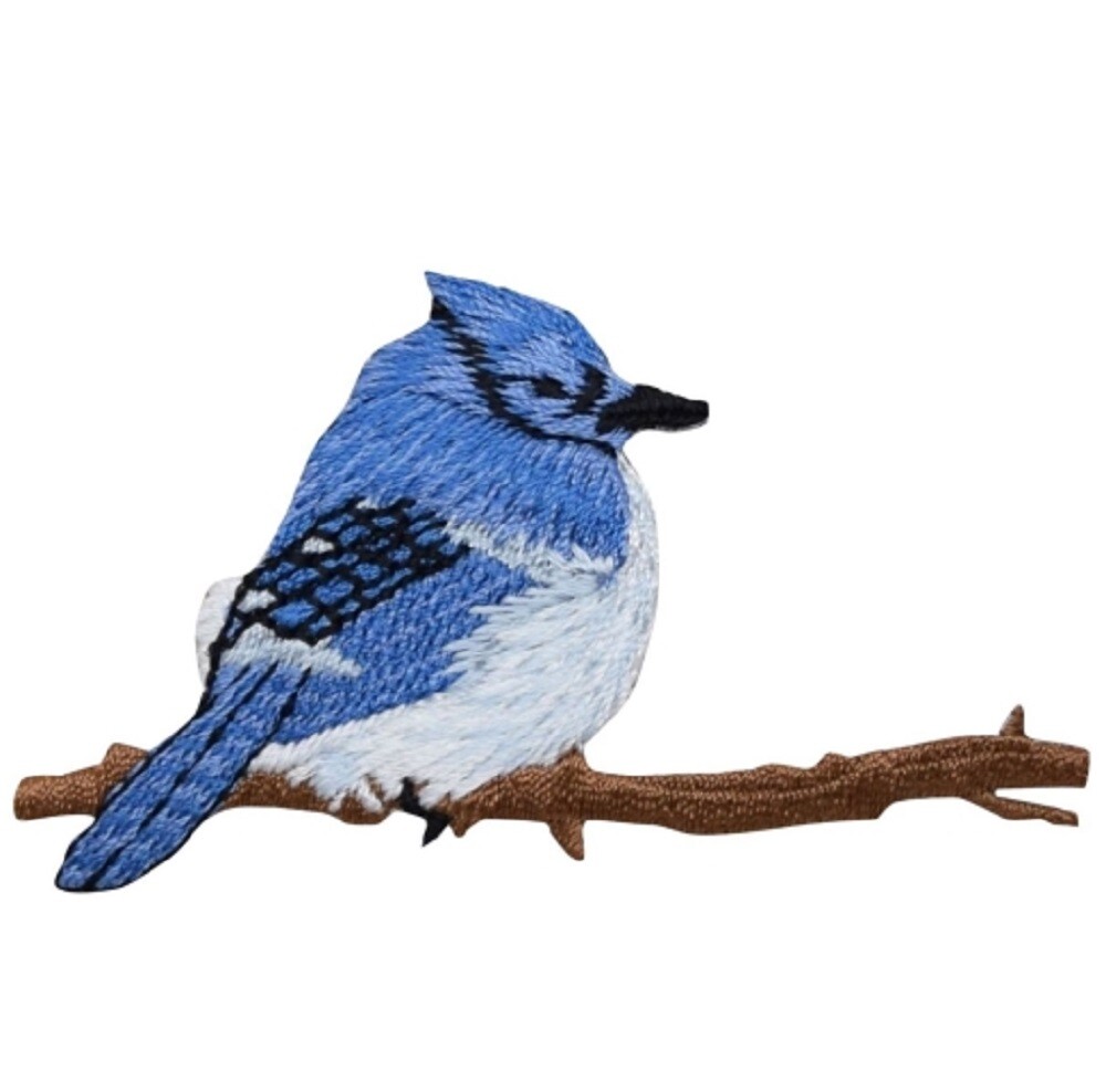 Bird Applique Patch – Blue Jay, Tree Branch 2-7/8″ (Iron on)
