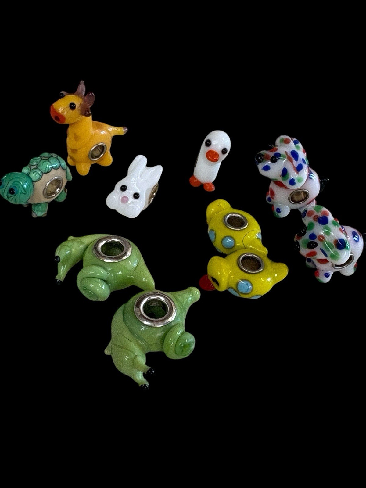 Lot Of 10 Lampwork Glass Animal Spacer beads – 5mm Core – Duck Dog Giraffe Snail
