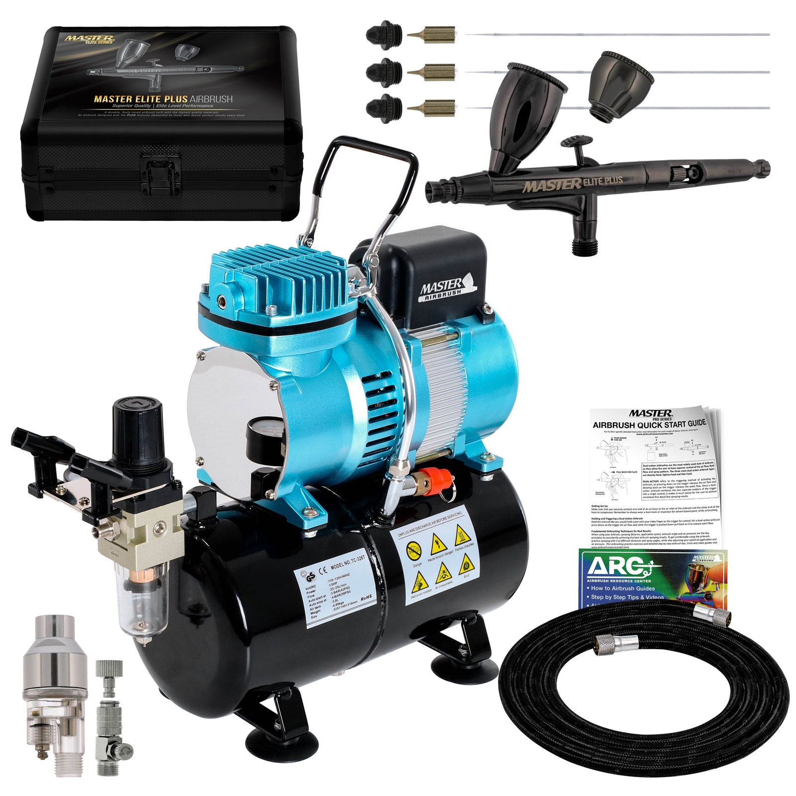 Dual Fan Tank Air Compressor System & Ultimate Airbrush Set, 0.2mm, 0.3mm, 0.5mm