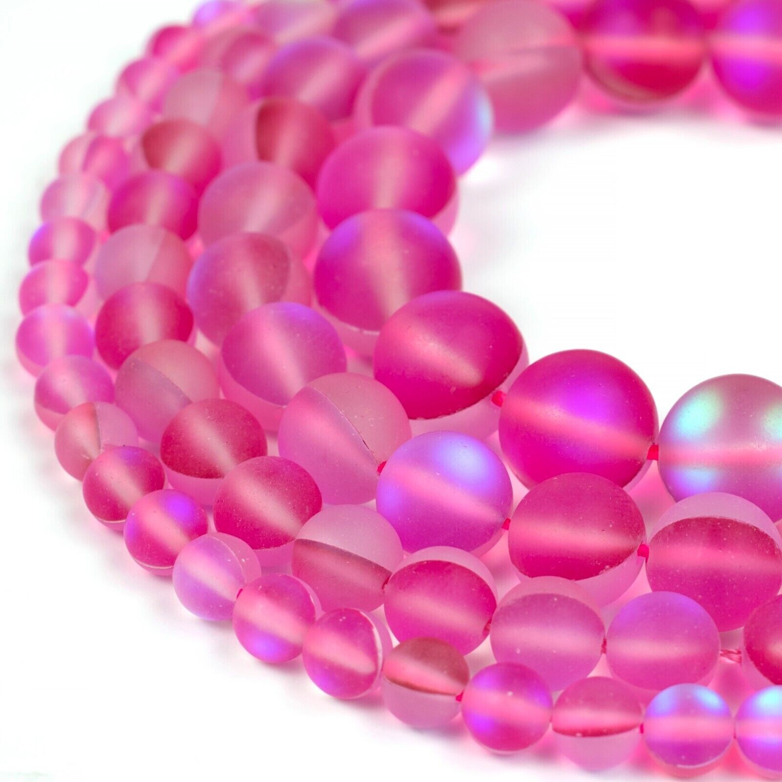 Matte Pink Mystic Aura Round Beads 15″ Strand Frosted Mermaid Glass Moonstone