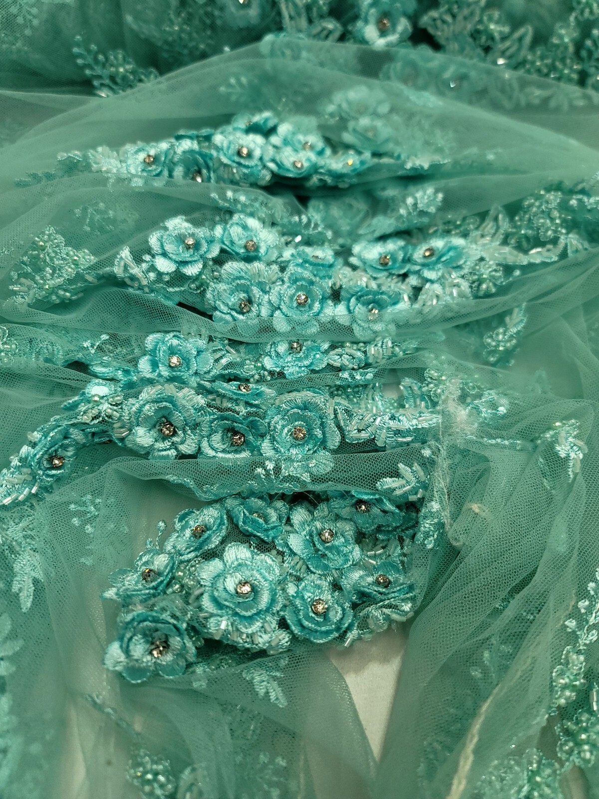Mint 3D Floral Lace Fabric by the Yard Flowers on Mint Mesh for Dresses Prom