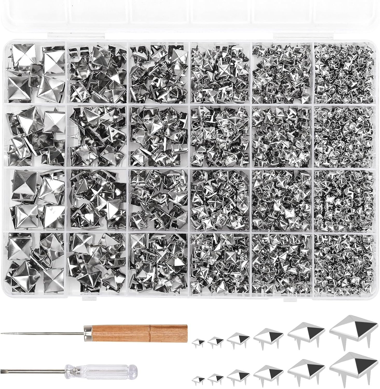 1222 Pcs Square Pyramid Studs Prong Studs for Clothing Crafts | Punk Metal Spike