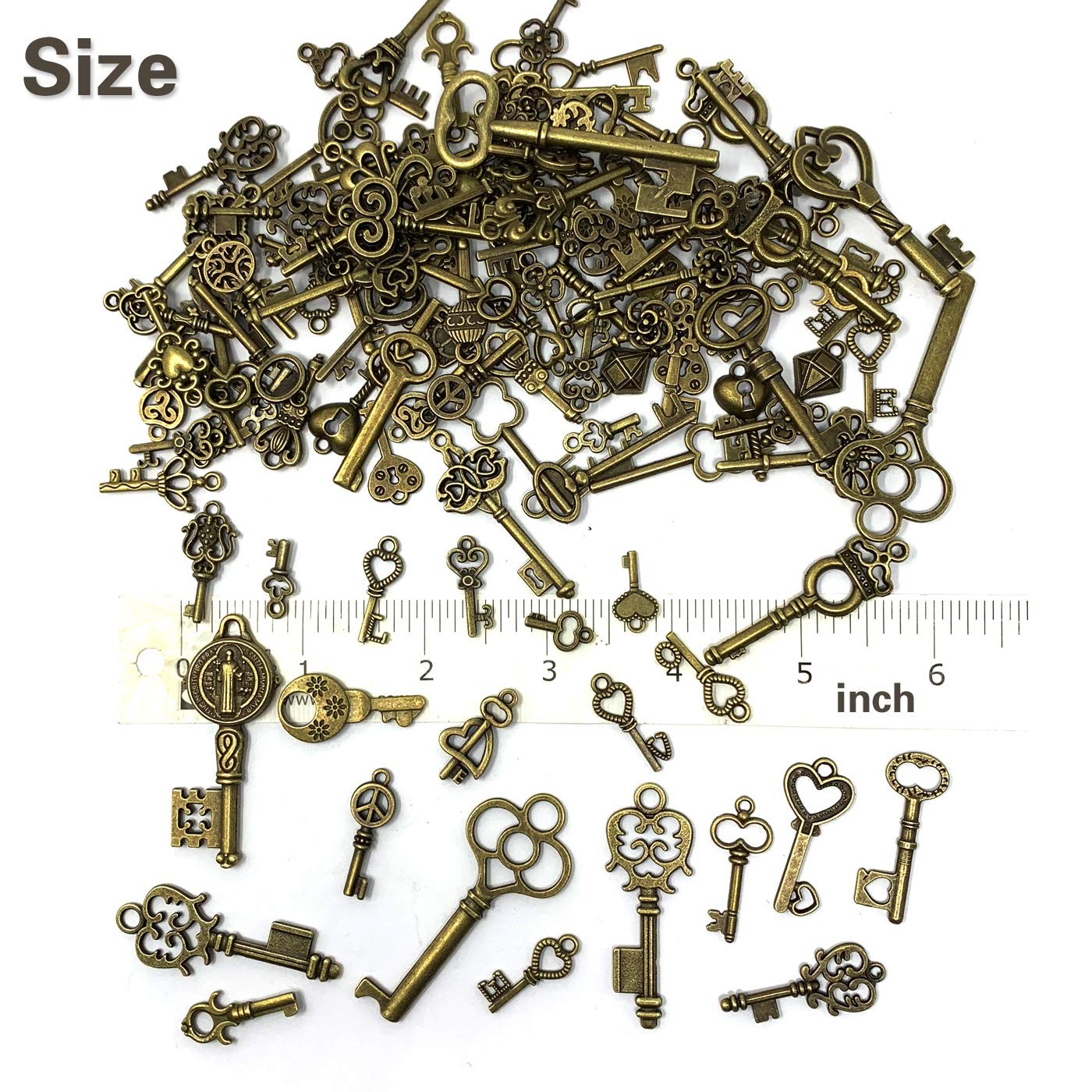 125 PCS Vintage Skeleton Key Set Charms, 0.55″ – 2.25″ (14 – 58 mm), Bronze