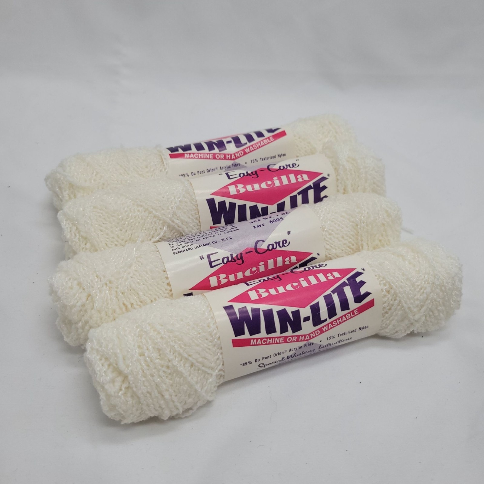 Vtg Bucilla Win-Lite Easy-Care White Yarn 4 Skeins 1 Oz Each Acrylic Nylon Machi