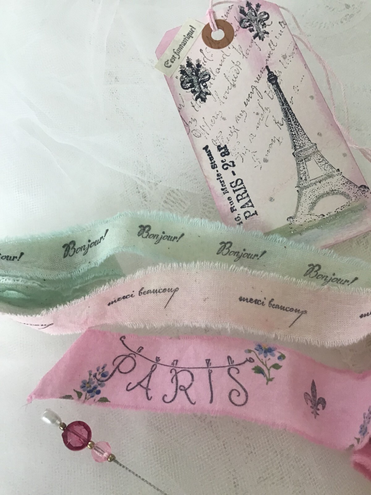 Bonjour!!! PARIS Hand Dyed Hand Stamped Ribbons Gift TAG +3 y