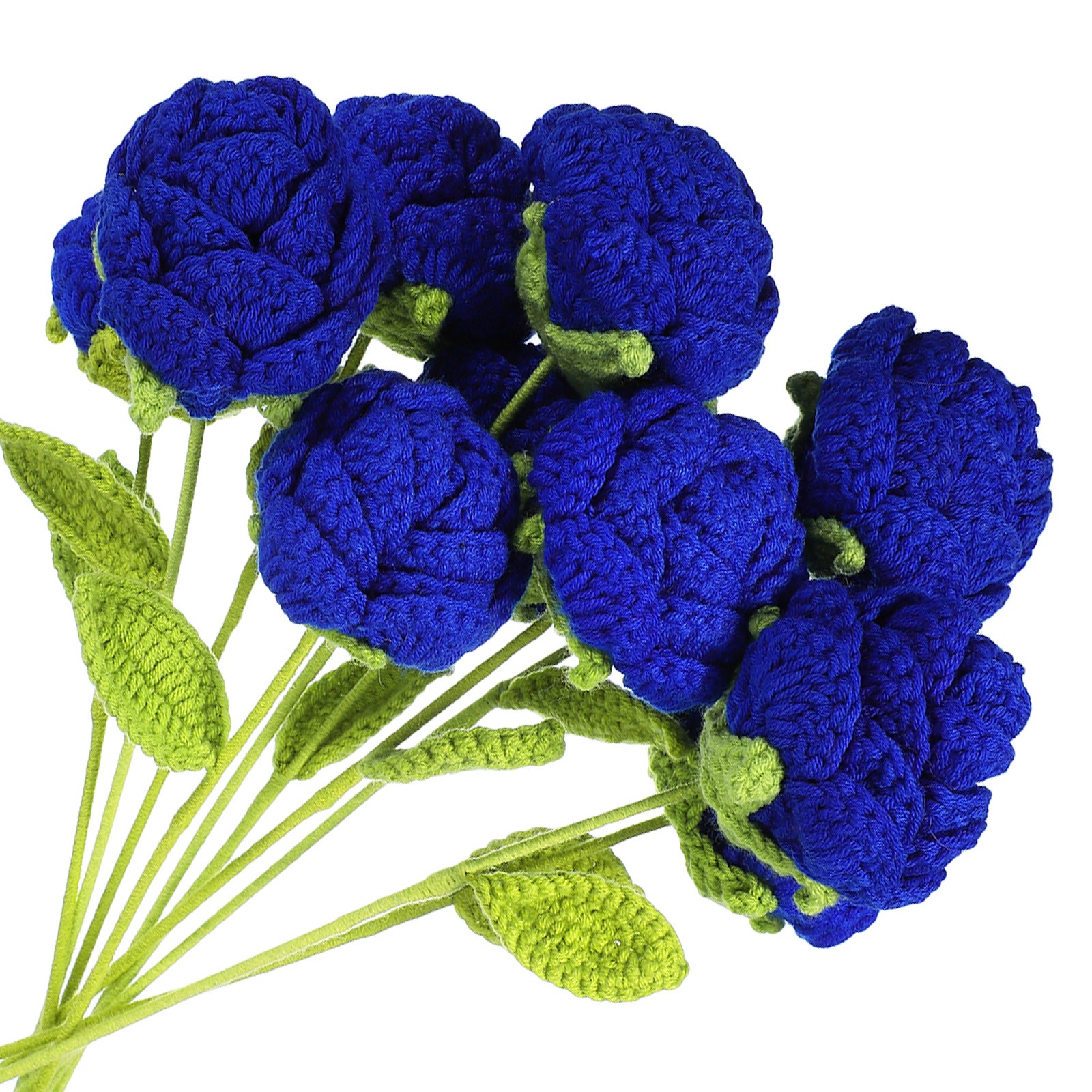 10Pcs Crochet Flower Handmade Knitted Small Potted Rose with Stem Navy Blue