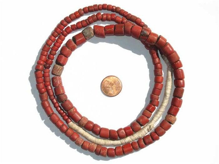 Antique Green Heart Beads 10mm West Africa African Red Cylinder Glass Large Hole