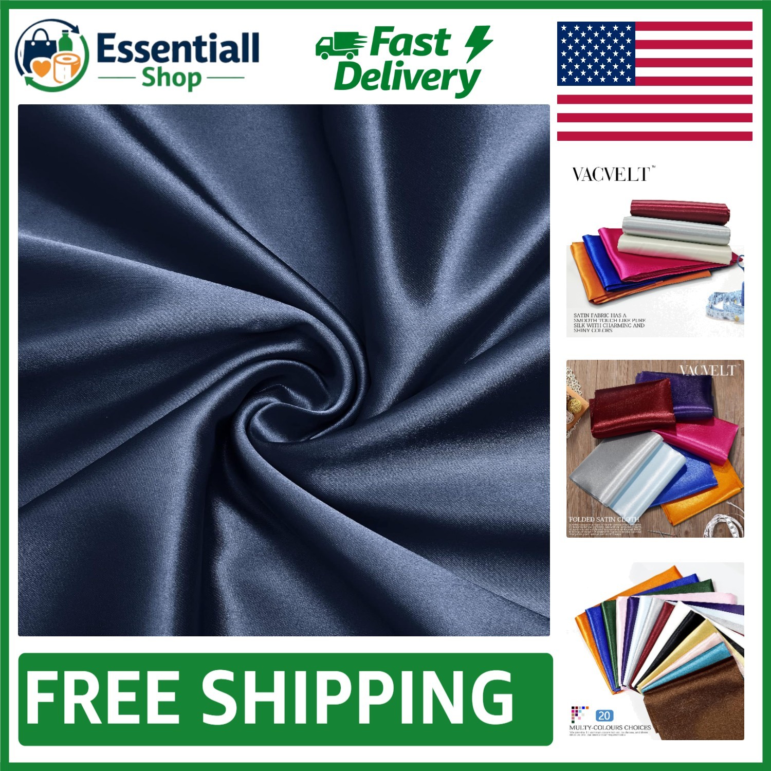 Soft & Shiny Navy Blue Satin Fabric by the Yard, Perfect for Weddings & Crafts