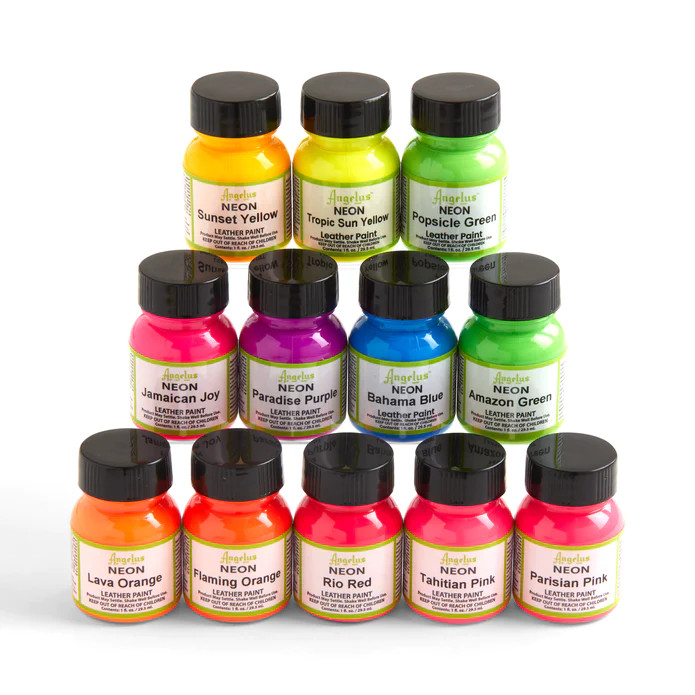 Angelus NEON Acrylic Leather Paint – 12 colors in 1 oz bottles w/Appl.