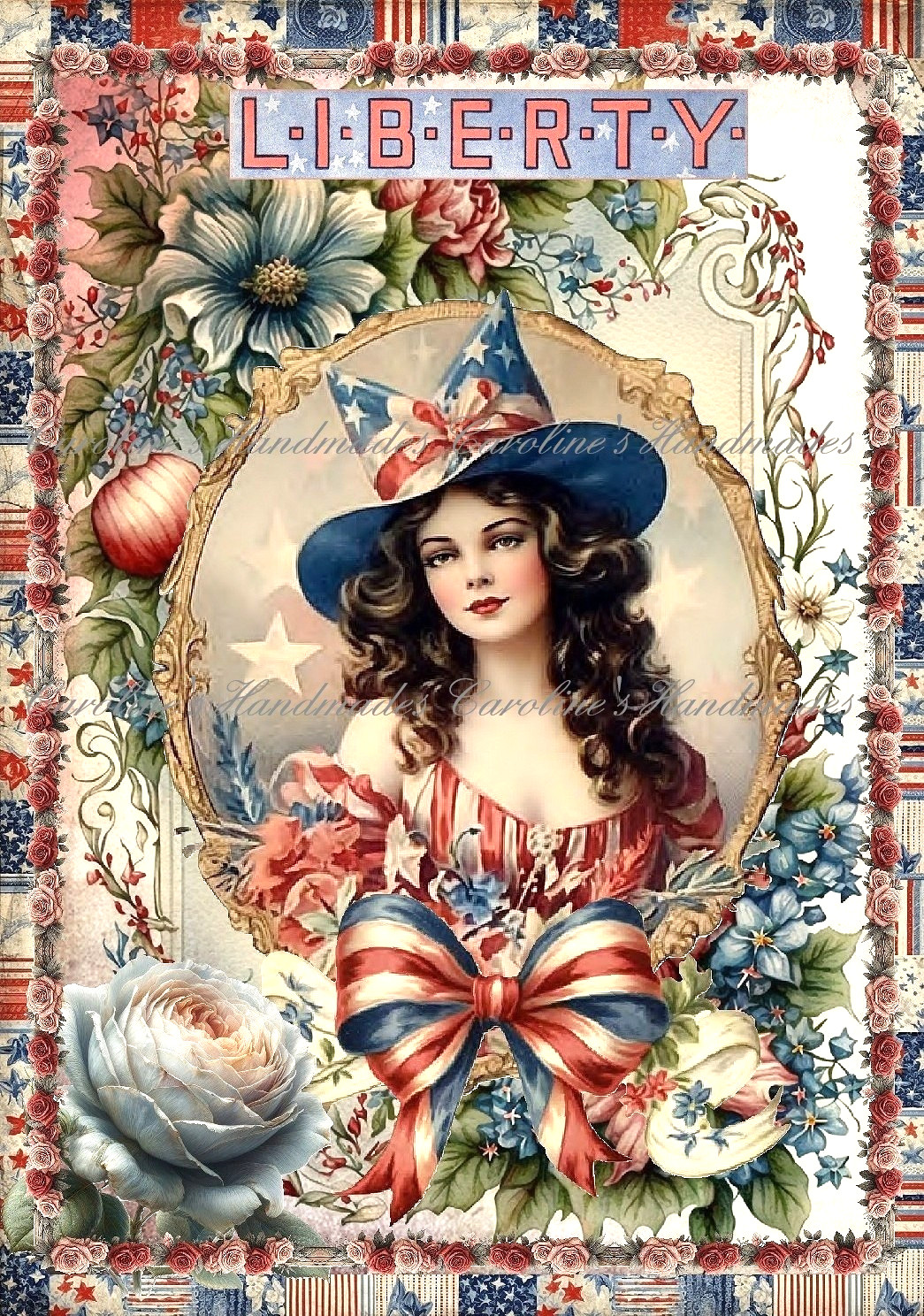 Antique Patriotic 4th Of July Lady Designer MULTI-SIZE Cotton Fabric Quilt Block