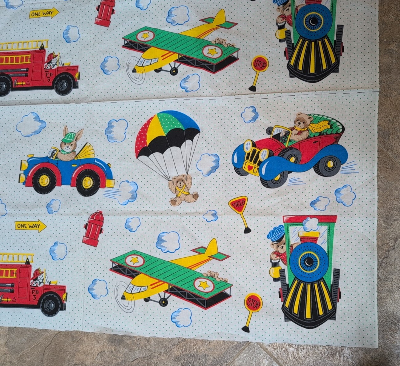 Vtg TRAINS, PLANES & AUTOMOBILES by Fabric Traditions Lot of 2 panels Quilt Kids
