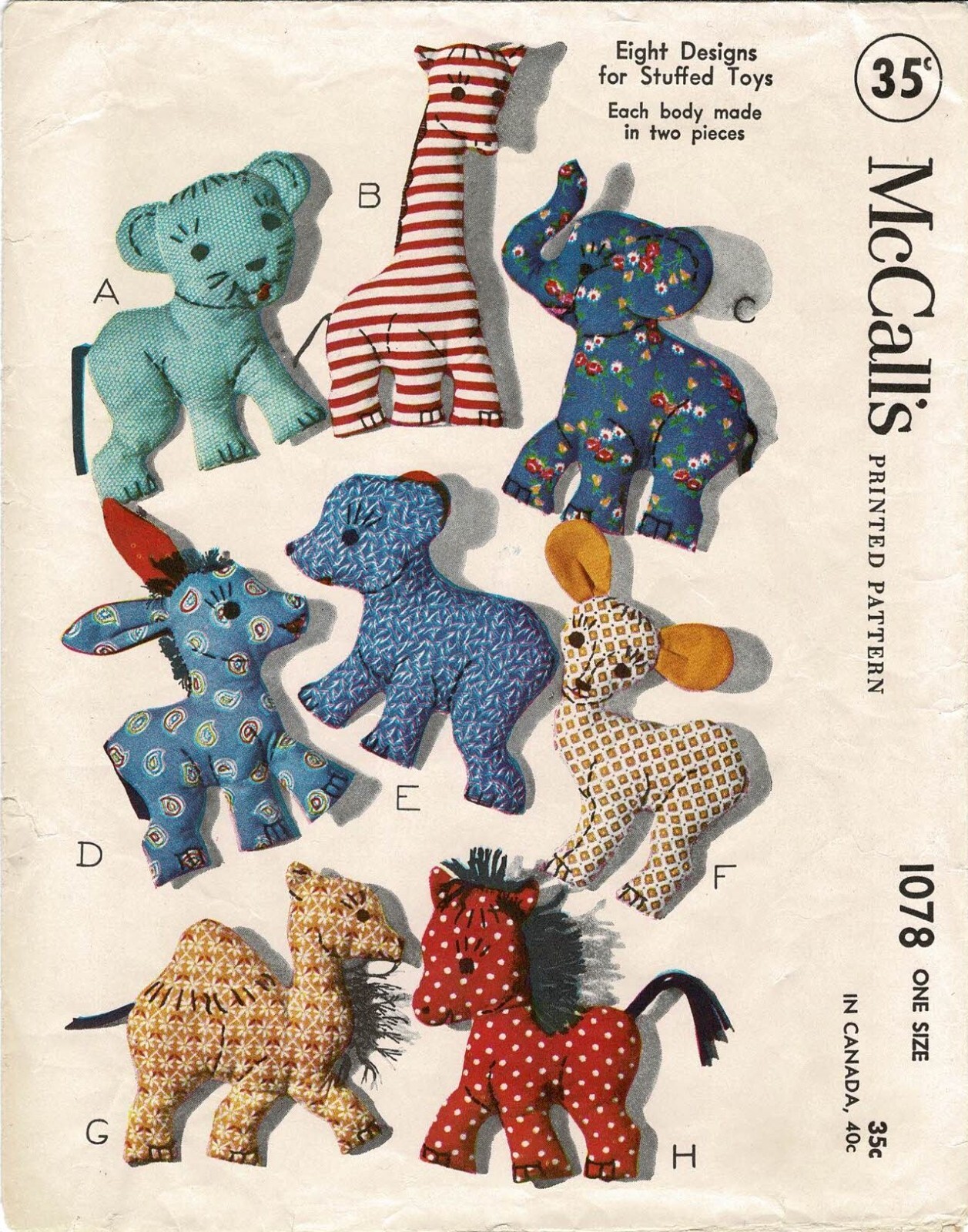 Eight Assorted Stuffed Animals Toys McCall’s 1078 VTG 1943 Craft Sewing Pattern
