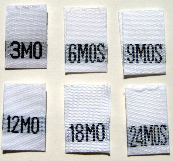 250 PCS WOVEN WHITE INFANT CLOTHING LABELS – 3 6 9 12 18 24 MONTHS