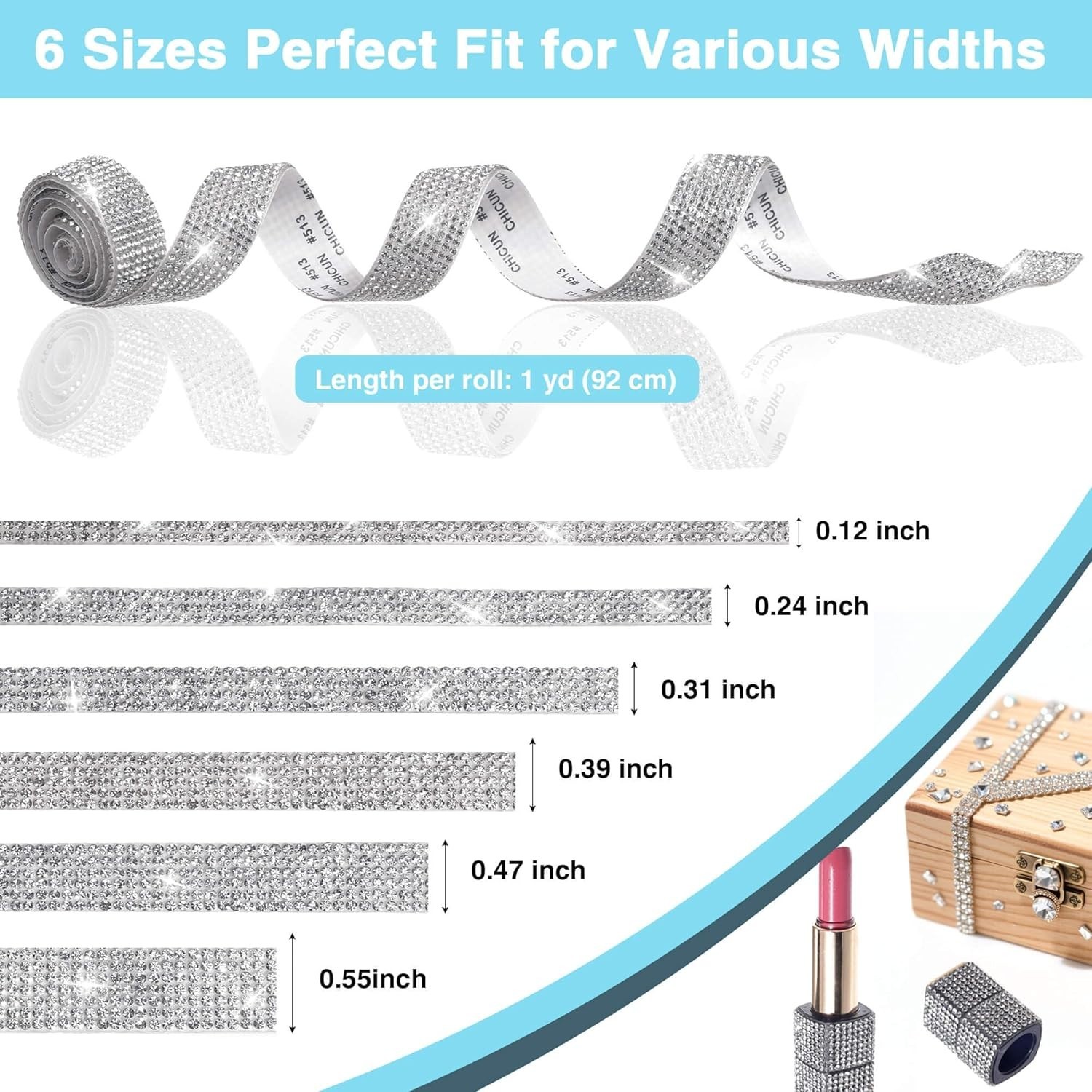 6 Self-Adhesive Rhinestone Ribbon Rolls, Silver Resin Diamond Strips for Crafts