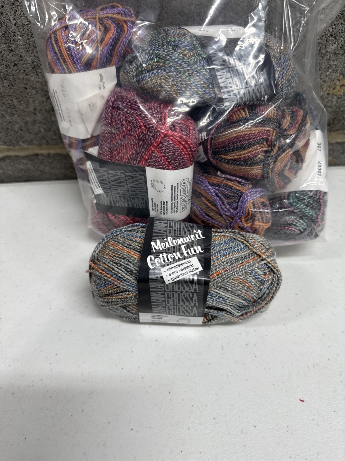 Lana Grossa Meilenweit Cotton Fun Wool/Cotton Yarn Mixed Color 7 Skein Lot