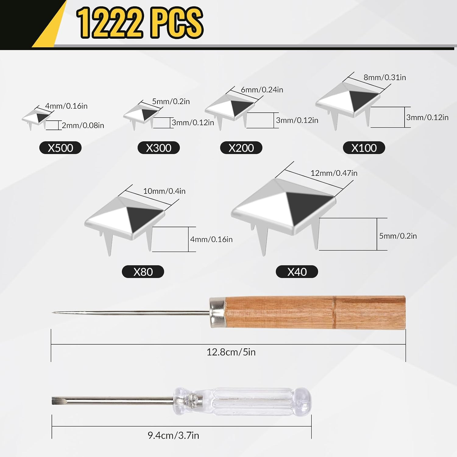 1222 Pcs Square Pyramid Studs Prong Studs for Clothing Crafts | Punk Metal Spike