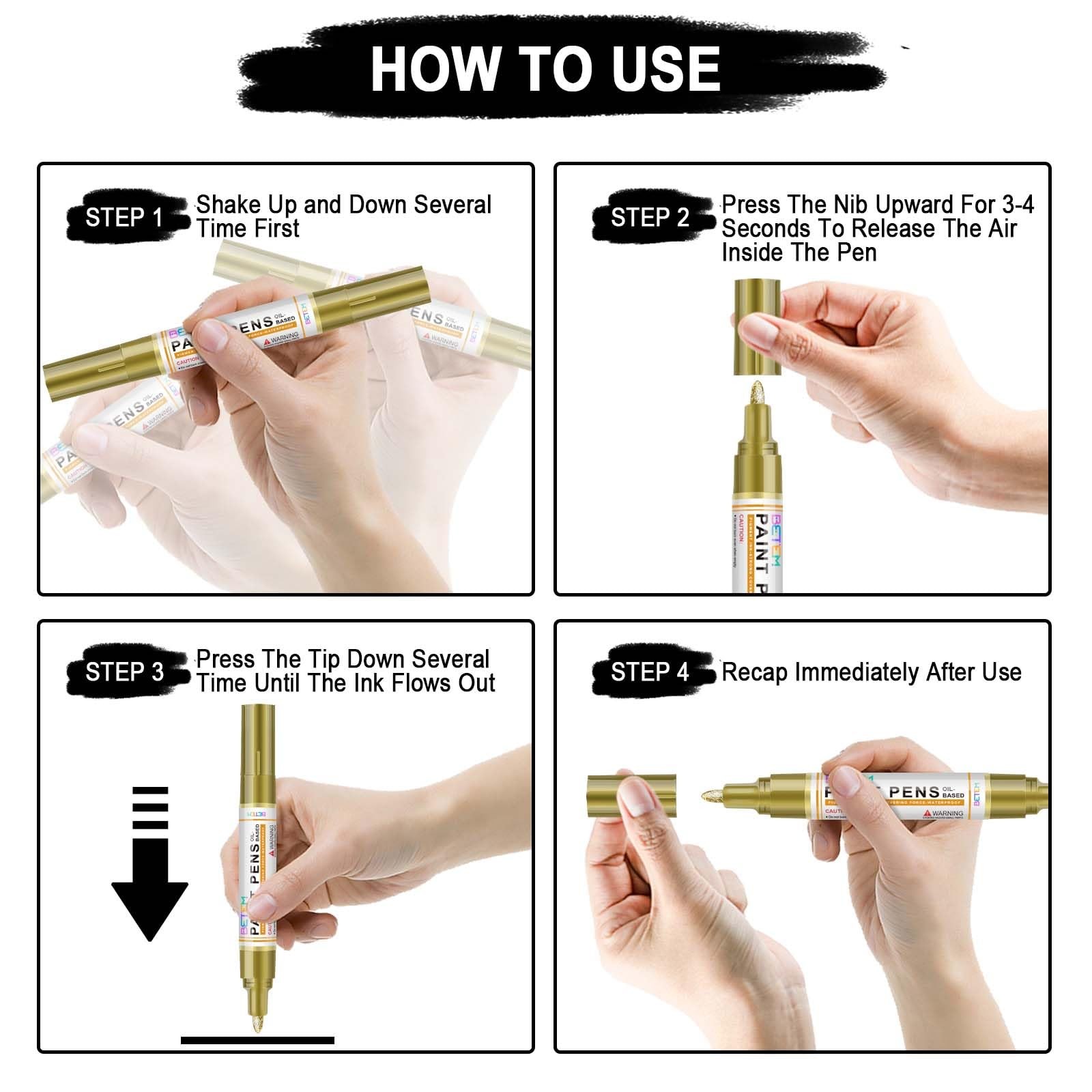 Betem Oil Based Paint Markers, Dual Tip Pens(0.7mm & 3mm), 2Gold2Silver