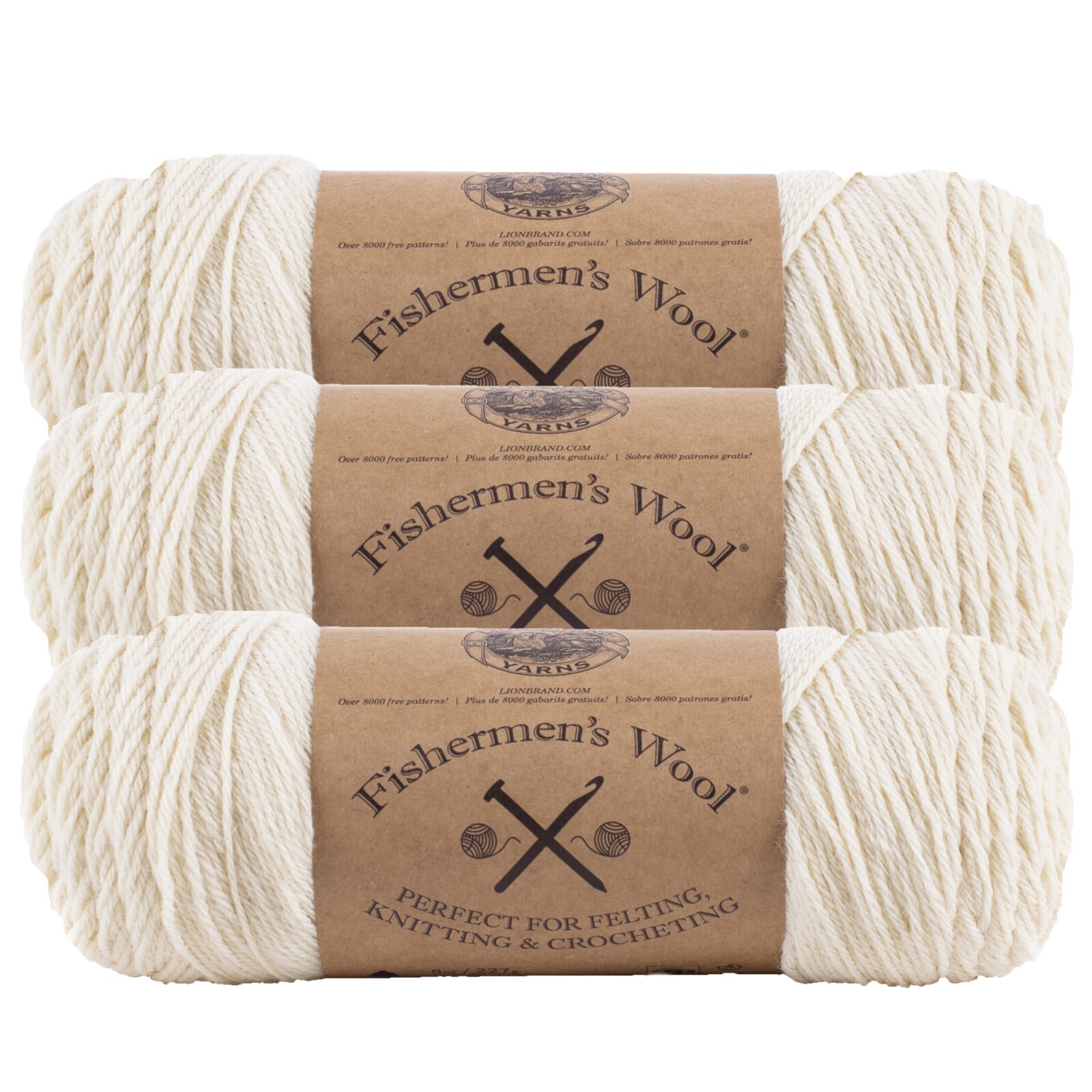 (3 Pack) Lion Brand Yarn 150-098F Fishermen’s Wool Yarn, Natural