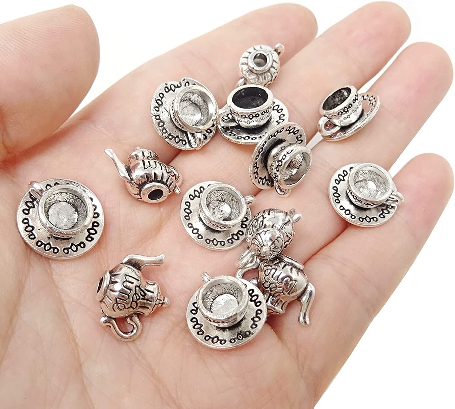 Teacup Charm Antiqued Silver Tea Time Teapot Pendant Set Wonderland jewelry