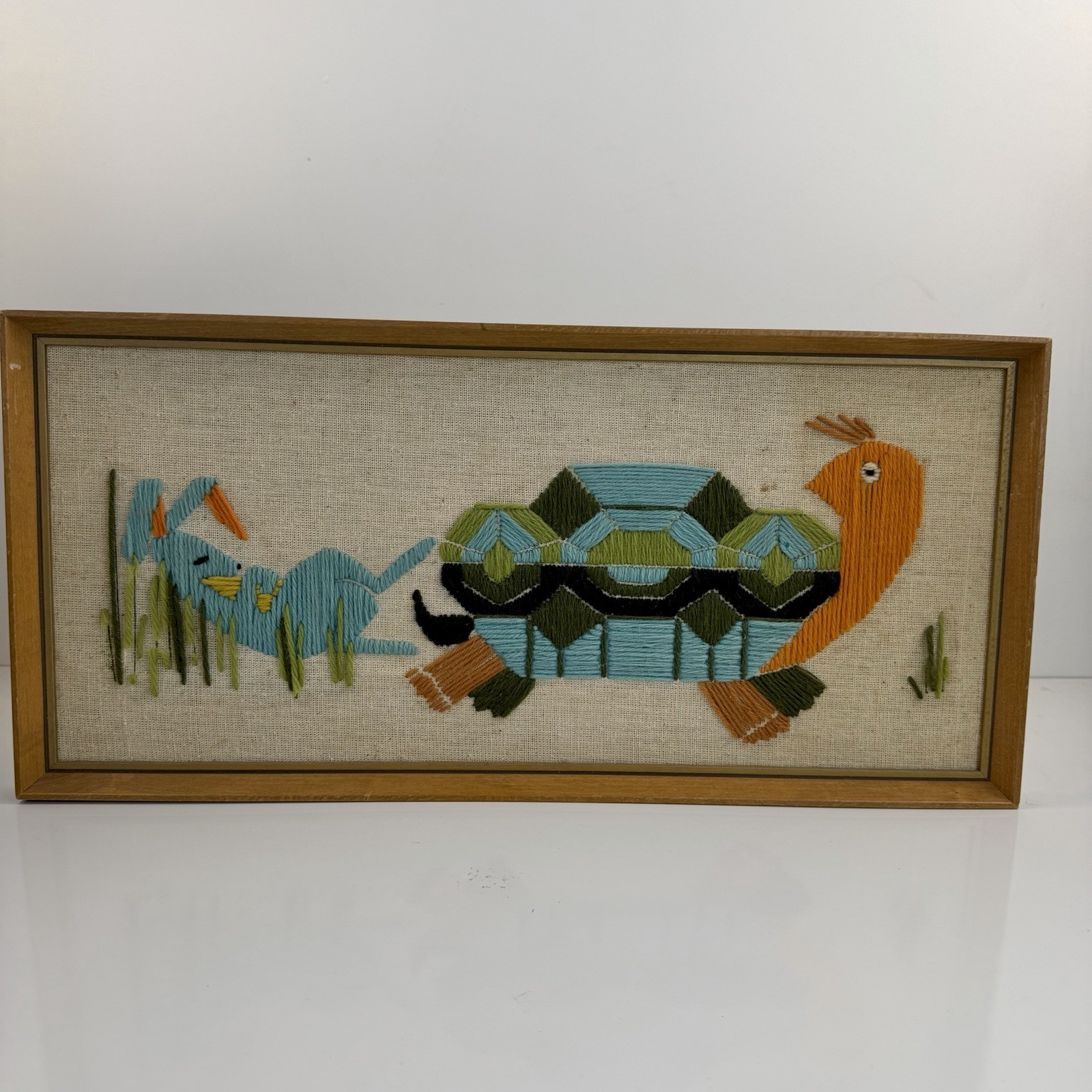 Vtg Framed Crewel Embroidery Wall Folk Art Tortoise & Hare Mid Century MCM Boho