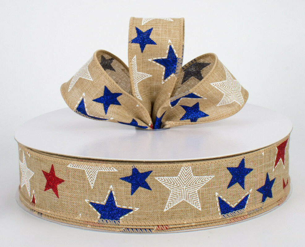 1.5″/2.5″ wired ribbon Patriotic glitter red white blue stars 5yds CHOOSE WIDTH