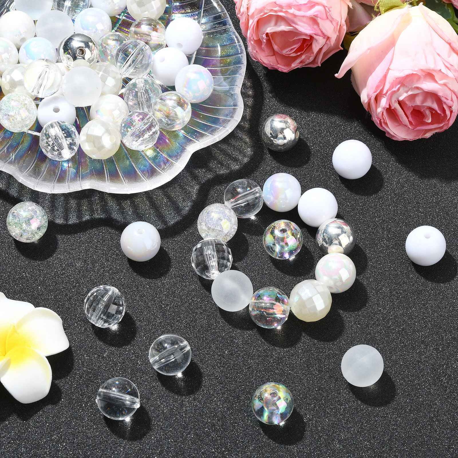 100x White Themed Acrylic Round Loose Spacer Beads for DIY Craft Jewelry Making