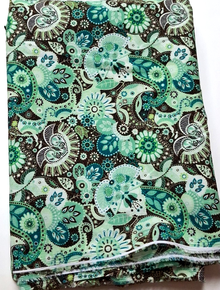 3 ydx 56″w Polyester Light Crinkle Fabric Green Brown Floral Paisley NO STRETCH