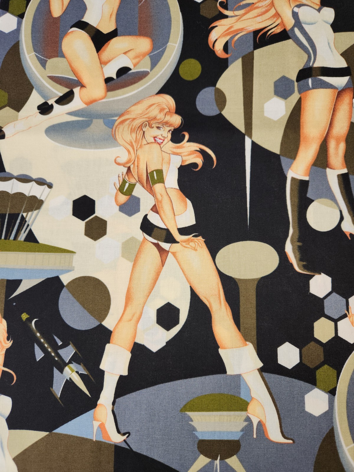 Alexander Henry Fabric Futue-ella 2004 Black Gray Sexy Pinup Girls 1 Yard