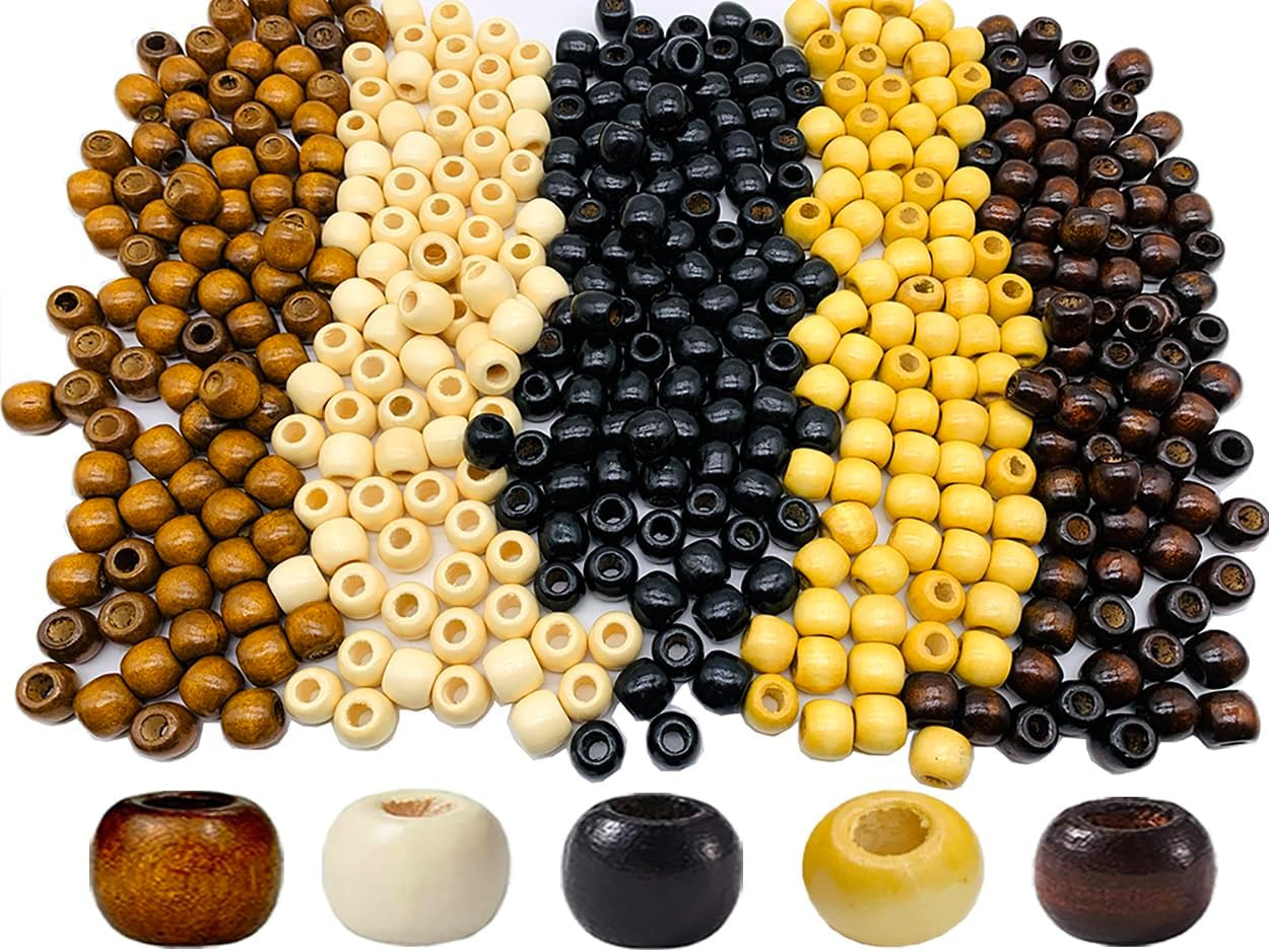 600Pcs Large Hole Wooden Beads Vintage round Natural Wood Hair Bead, 5 Colors 12