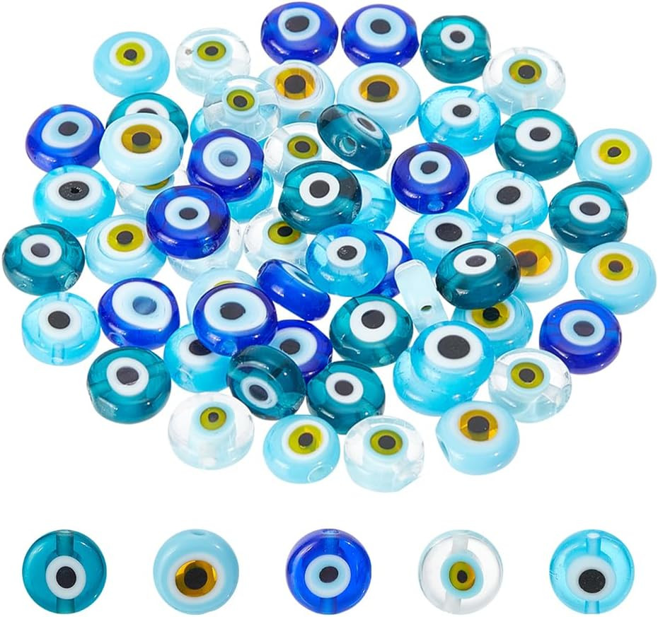 60 Pcs 5 Colors Handmade Evil Eye Lampwork Beads, 8mm Flat Round/Disc Turkish Ey