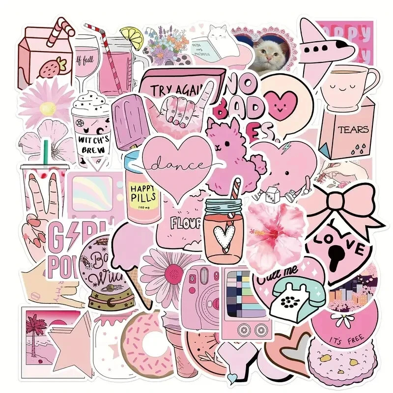 50pc Cute Pink Girly Cartoon Sticker Pack Laptop, Scrapbook, Journaling, Crafts