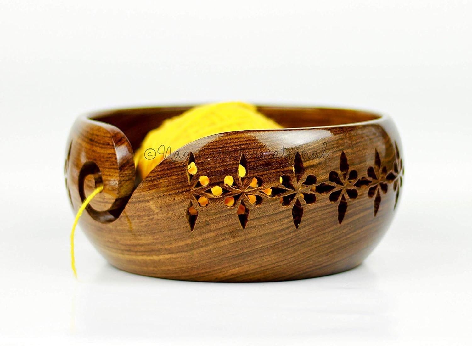 Wooden Yarn Bowl Rosewood Crafted Medium Carved Holes Crochet Knitting Access…