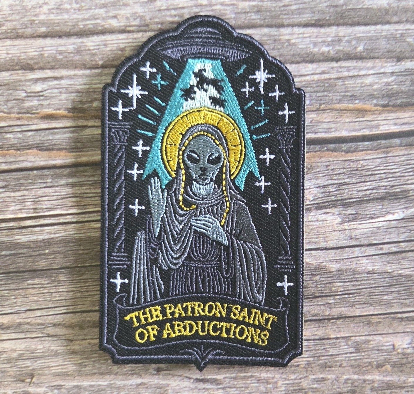 Grey Alien Patron Saint Of Abductions Extraterrestrial Ufo Weird Iron on Patch