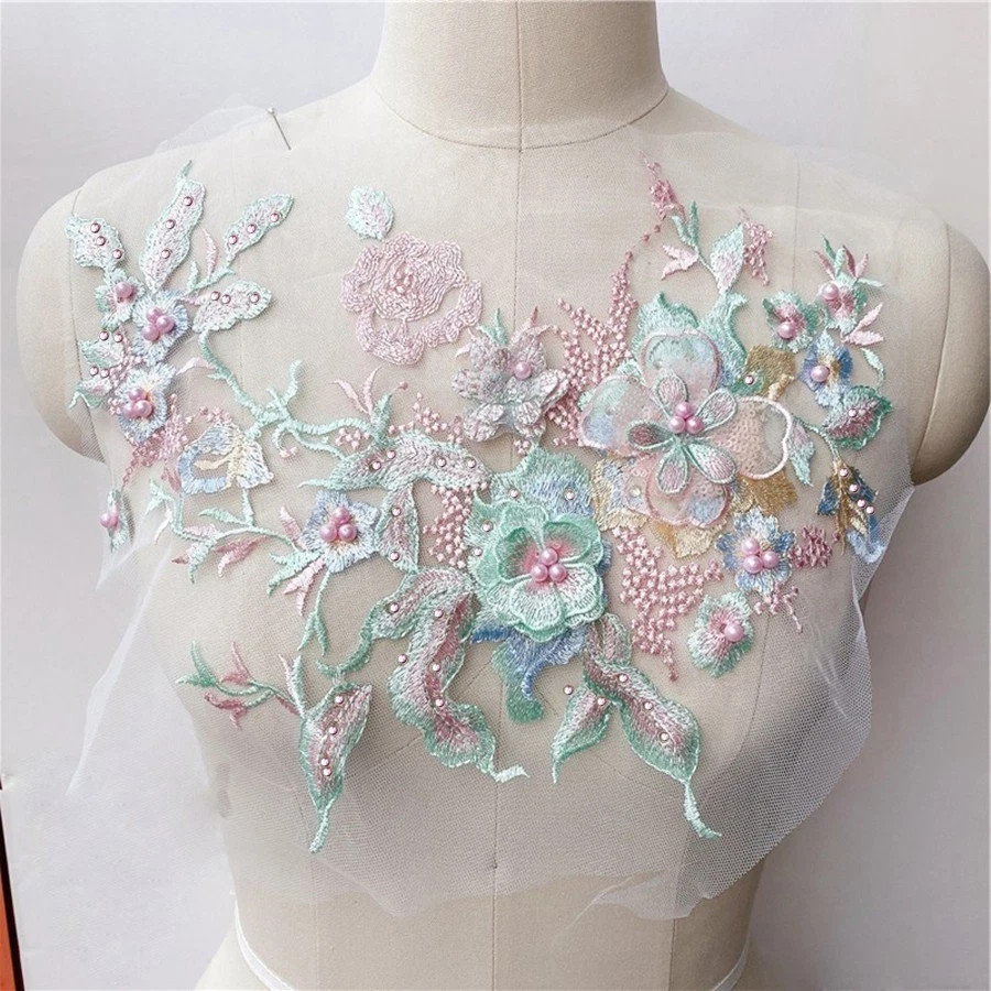 3D Flowers Beaded Lace Fabrics Applique Embroidery Sewing On Patches