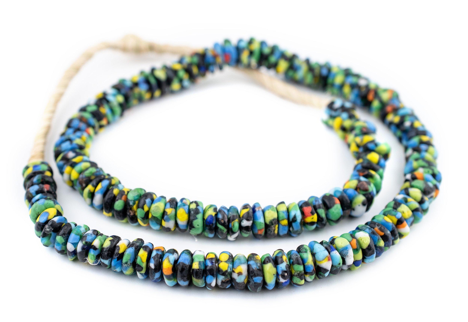 Rainbow Medley Fused Rondelle Recycled Glass Beads 11mm Ghana African Multicolor