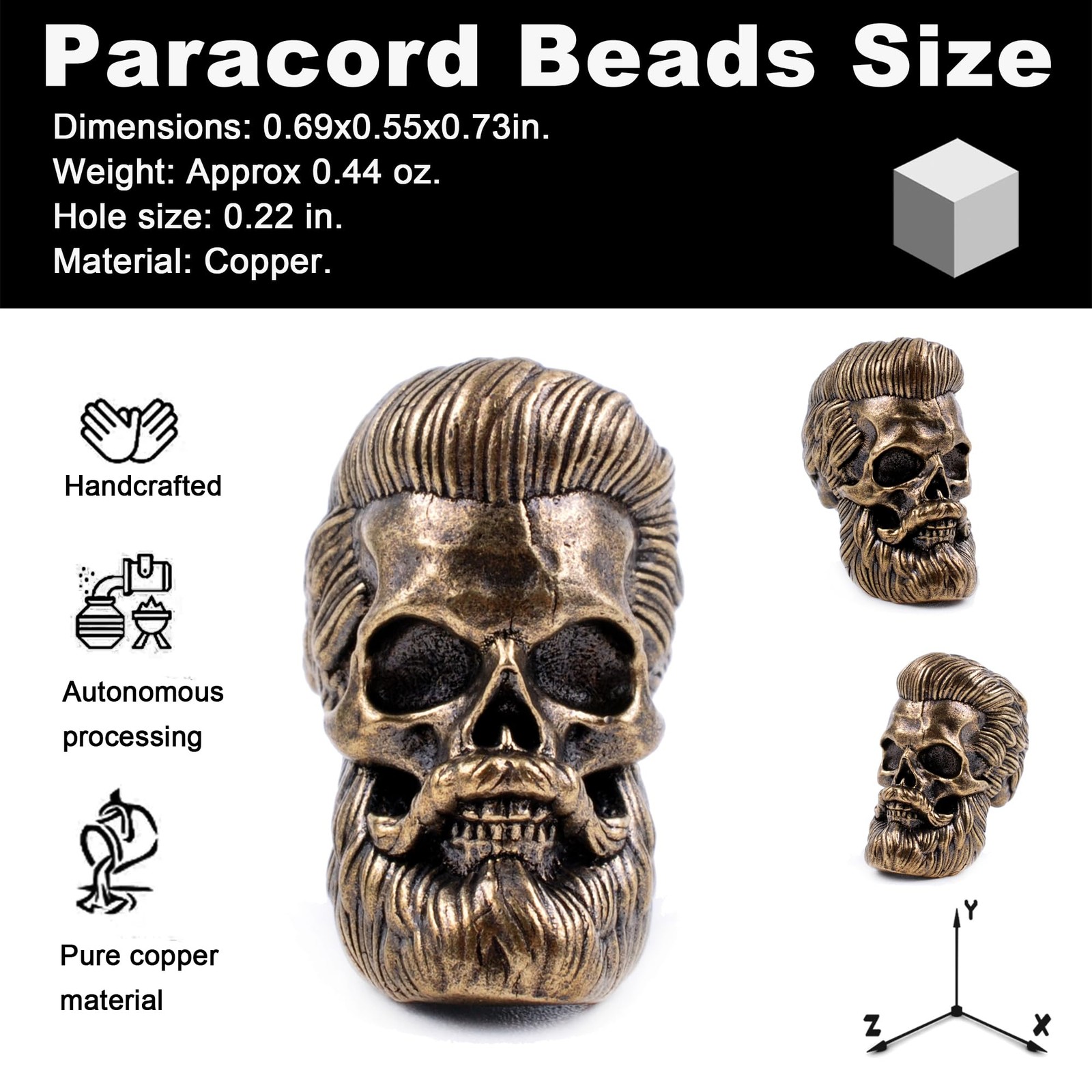 Skull Bead for Paracord, Lanyard, Keychains, Bronze Copper, 0.69 x 0.55 x 0.7
