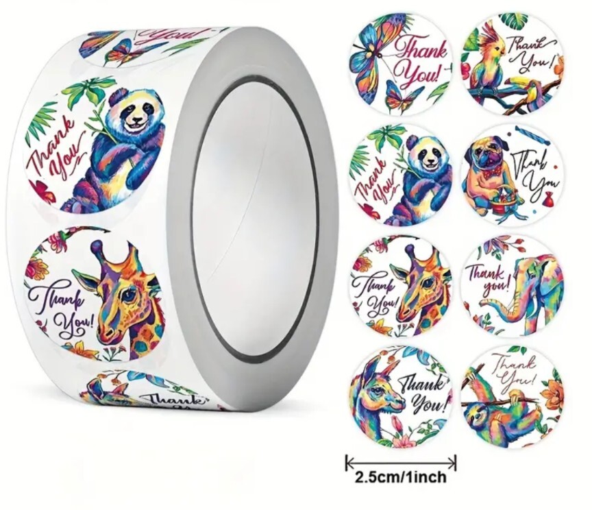 500 pcs Sticker Roll Vibrant Animal Thank You Designs Semi Gloss Self Adhesive