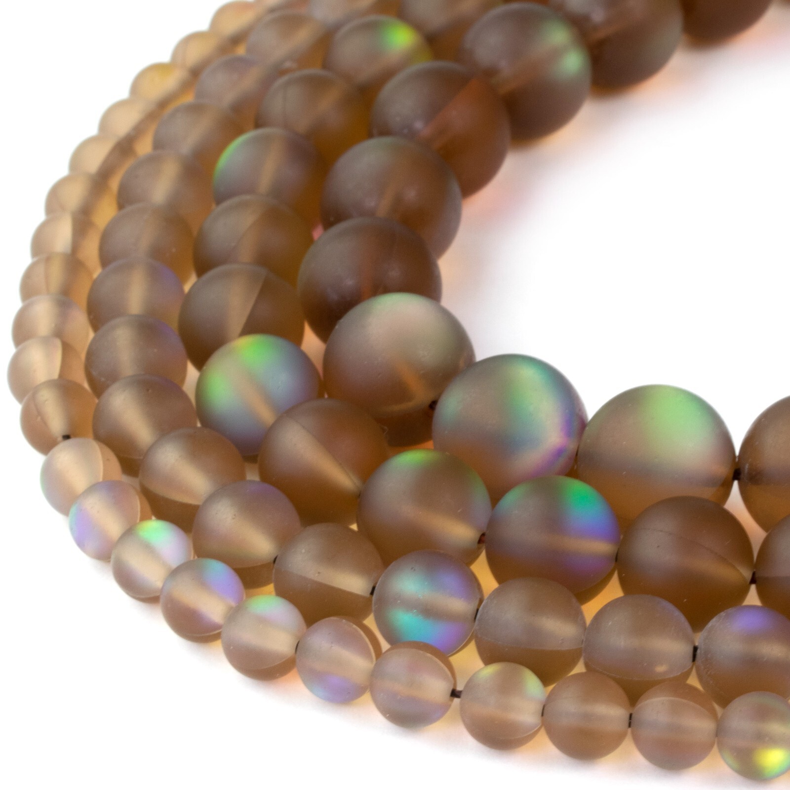 Matte Brown Mystic Aura Round Beads 15″ Strand Frosted Mermaid Glass Moonstone