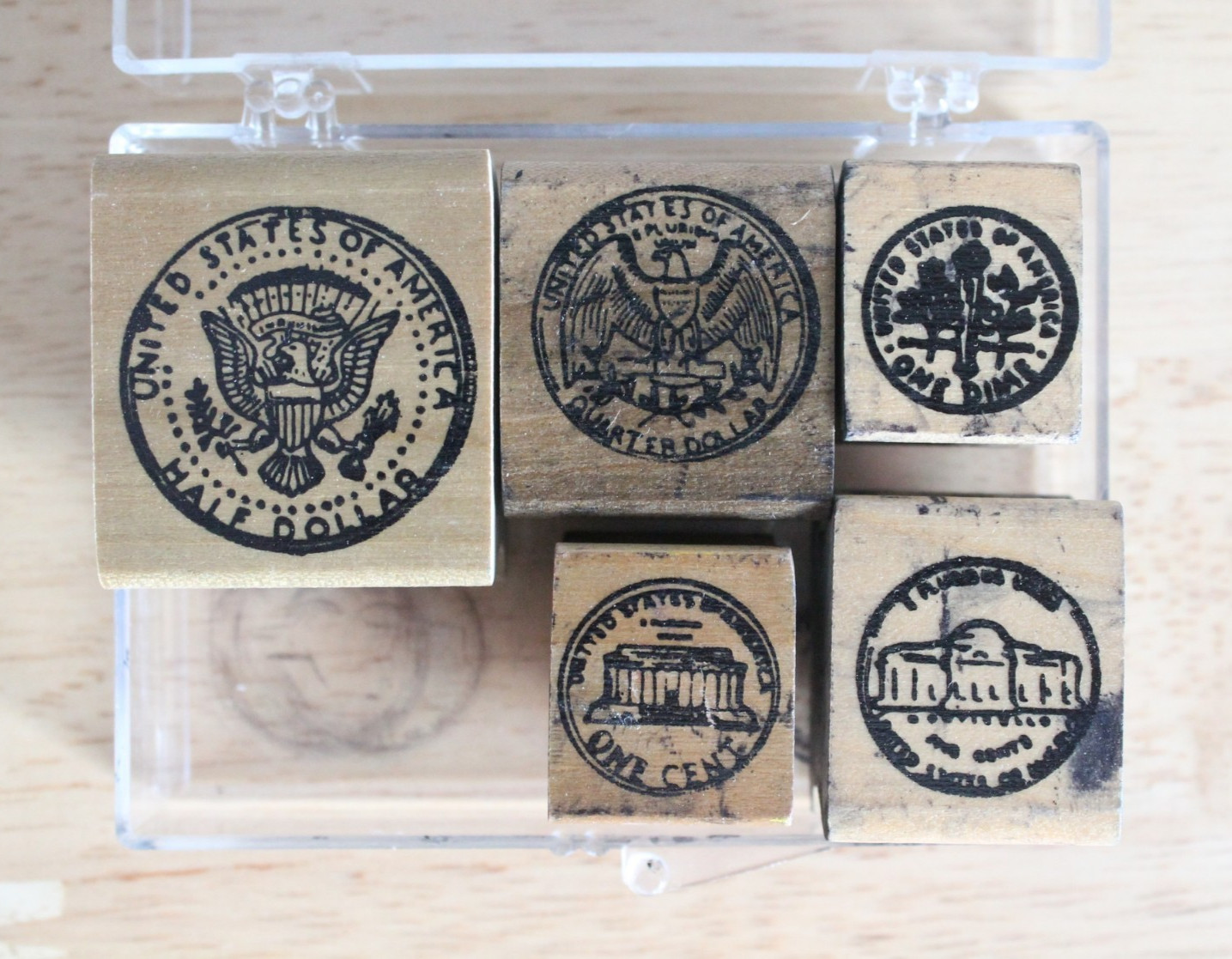 Wooden Stamp Set US Coins Stamps Set of 5 Vintage Currency Coin Backs Math Money