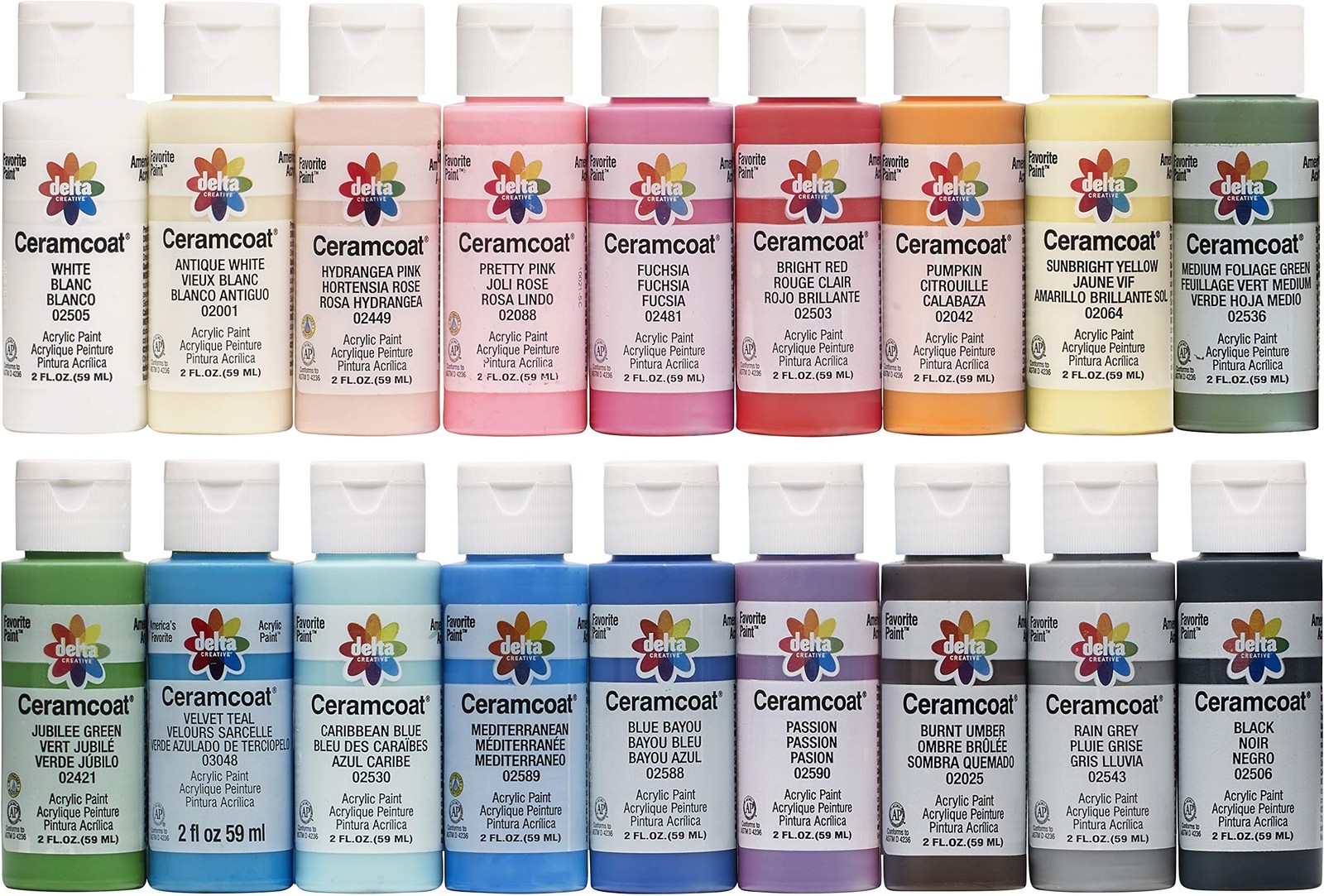 Delta Creative 18 Ceramcoat Acrylic Paint 0.06 Fl Oz (Pack of 18), Top Colors