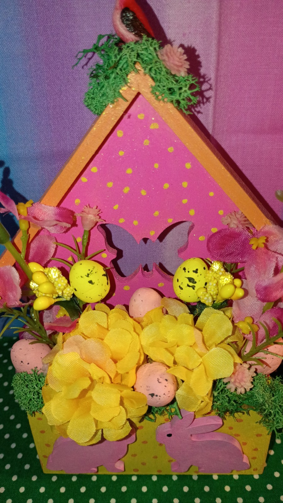 Handmade Easter/Spring Birdhouse Floral Table Decor w/ Bunnies, Eggs & Bird