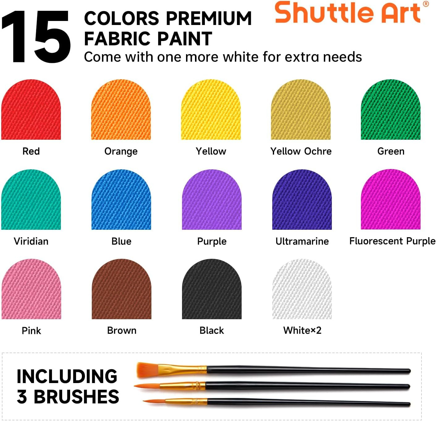 Fabric Paint, 15 X 12Ml Tubes Permanent Soft Fabric Paint with 3 Brushes, Non-To