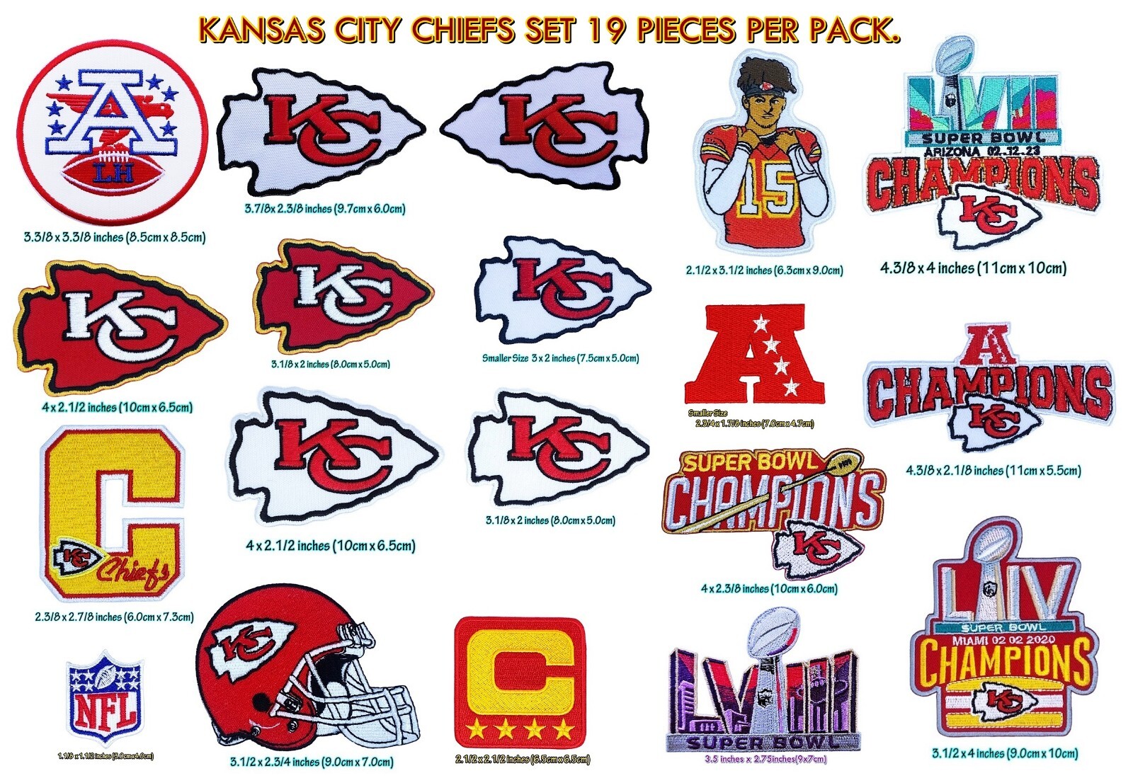 Kansas City Chiefs 19Pcs/Pack NFL 🏈 LOGO PATCH,IRON,​Sew on​ *From Thailand