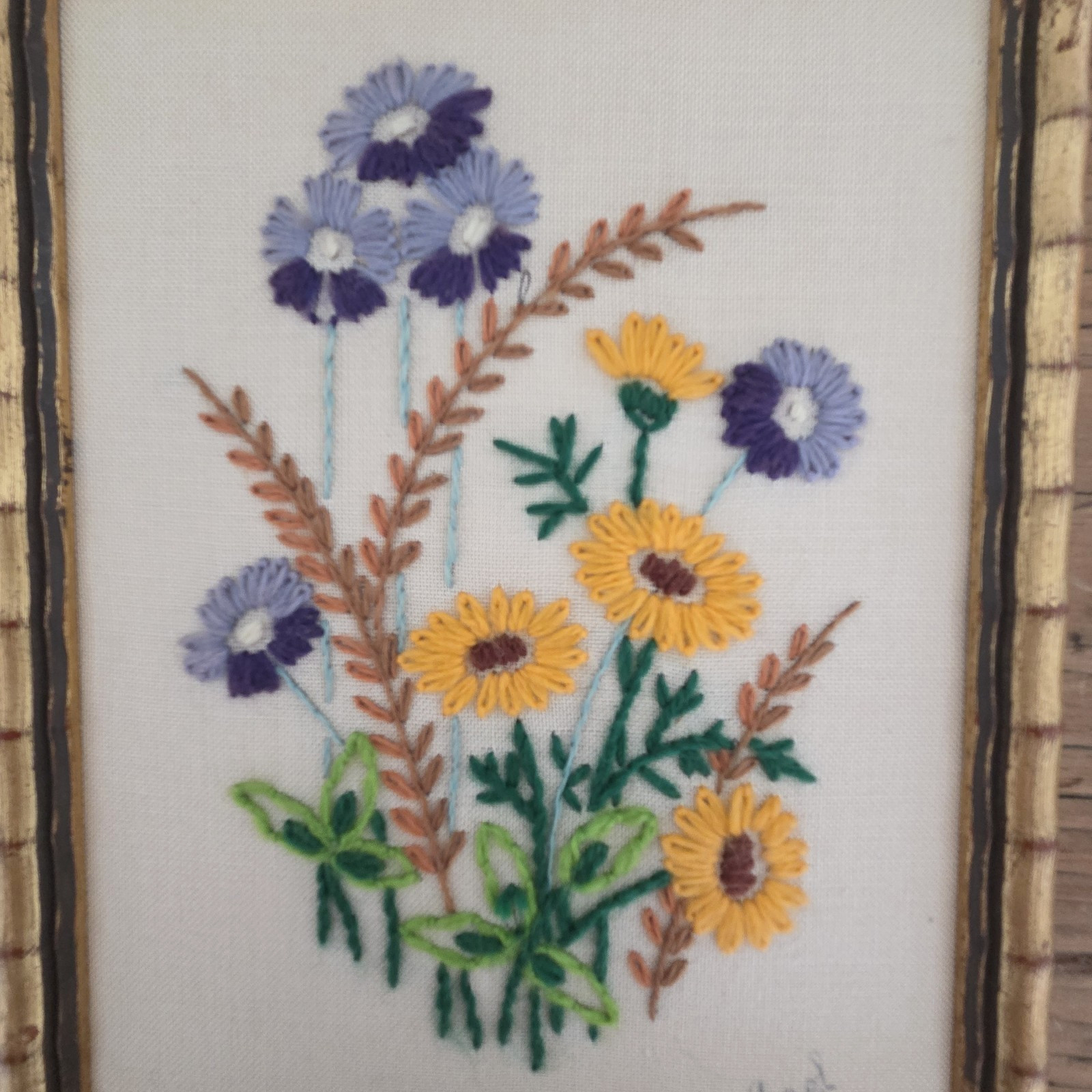 VTG Crewel Embroidery Wall Art Pair Flowers Faux Bamboo Gold Frame Grannycore